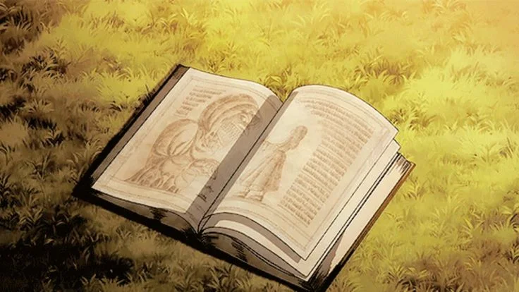 Livre ancien ouvert dans des herbes dorées
